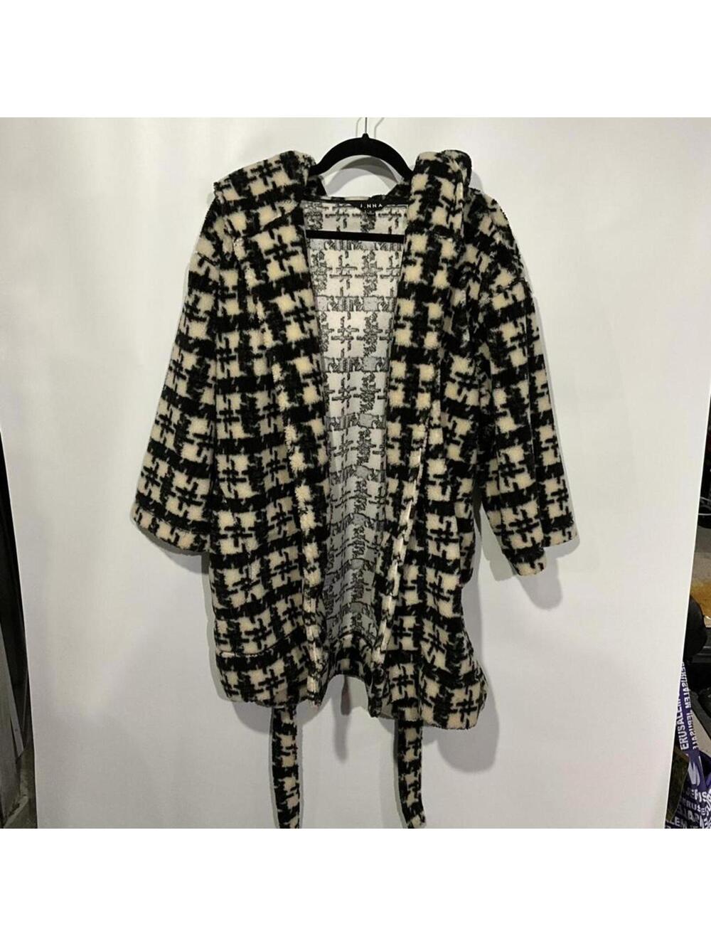 J.NNA Black and White Checkered Hooded Coat with Belt, Size Small
